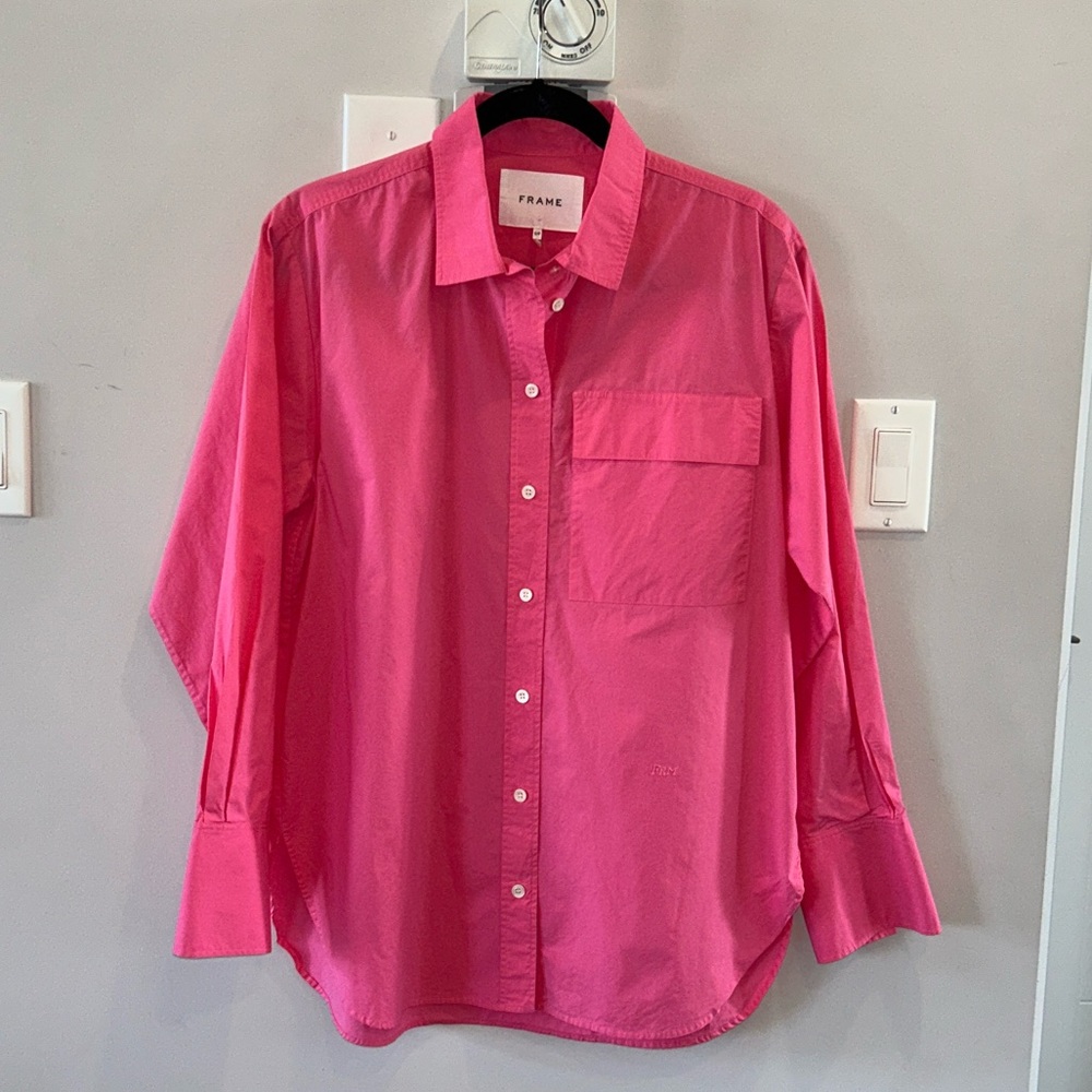 FRAME The Oversized Vacation Organic Cotton Shirt Bright Pink - Picture 7 of 15